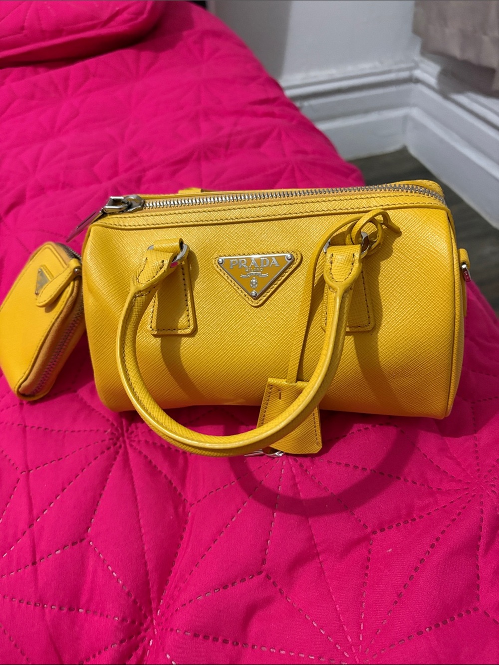 Prada Yellow Saffiano Leather Mini Bowling Bag
